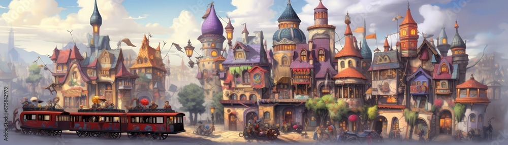 Cartoon pirates taking a piratethemed bus, Adventure, Bright colors, Digital painting, Nautical city journeywhite background,