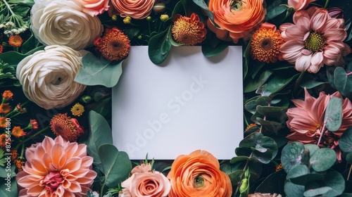 A beautiful arrangement of various orange and pink flowers and green leaves with a blank space in the center.