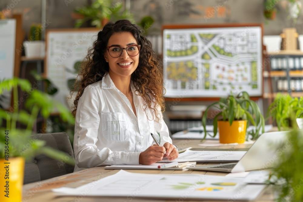 A woman is sitting at a desk with a laptop and a stack of papers A woman is sitting at a desk with a laptop and a stack of papers