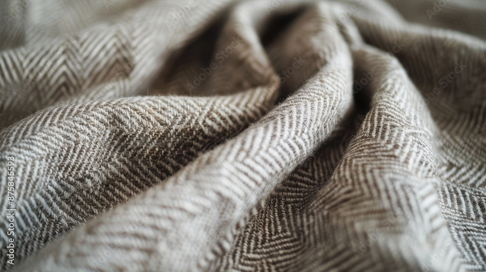 Close-up of a linen fabric with a subtle herringbone pattern, highlighting the natural texture and weave.