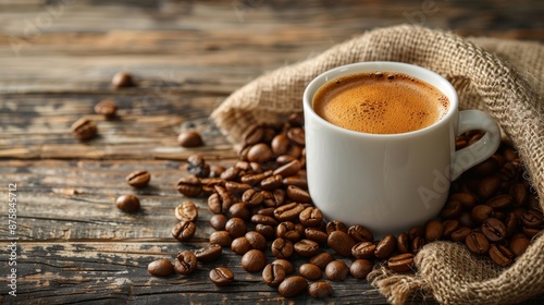 White ceramic cup of rich, aromatic coffee on burlap sackcloth with scattered coffee beans on wooden table