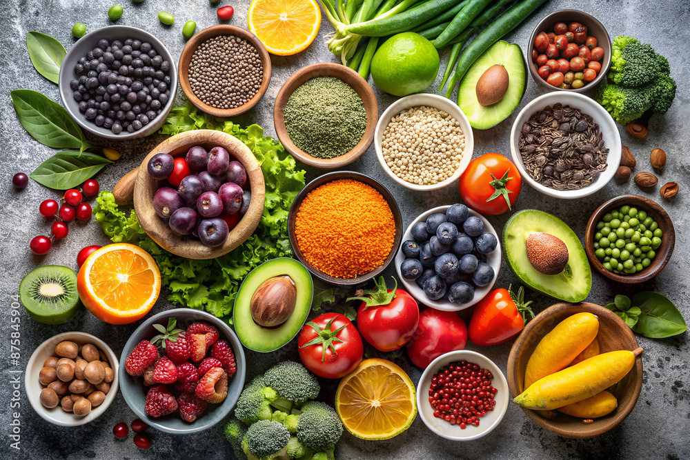 Still life of fruits and vegetables on marble table. View from above Still life of fruits and vegetables on marble table. View from above