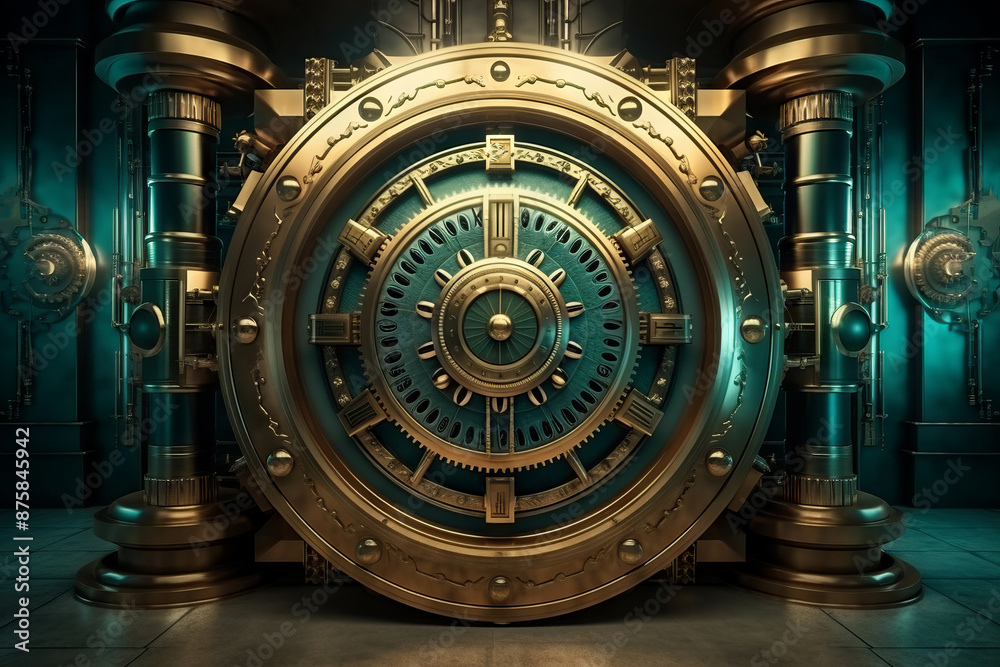 Close-up of a metal bank safe door with a round handle. Close-up of a metal bank safe door with a round handle.