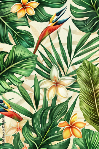 illustration  floral pattern with green jungle leaves and blossoms