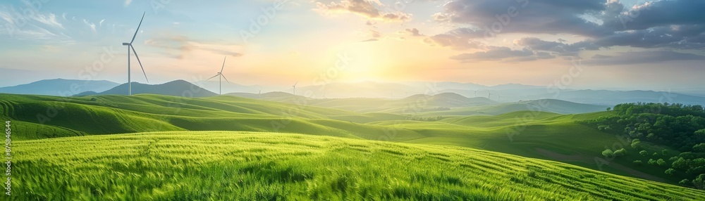 Obraz premium Wind turbines in a lush green field under a bright sky.