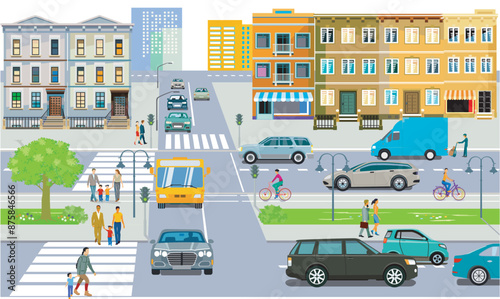 Vorort mit Autos und Fußgängern auf dem Zebrastreifen, Illustration