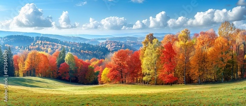 A picturesque landscape of rolling hills with trees displaying changing colors, from green to brilliant autumn hues, under a clear autumn sky, high detail photo