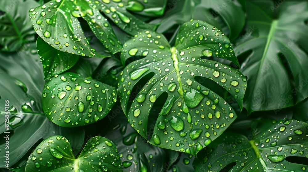 Fototapeta premium Close-up of lush green monstera leaves with raindrops for a tropical aesthetic