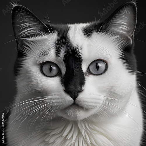 A black and white cat with bright eyes gazes right at you in a picture-perfect pose photo