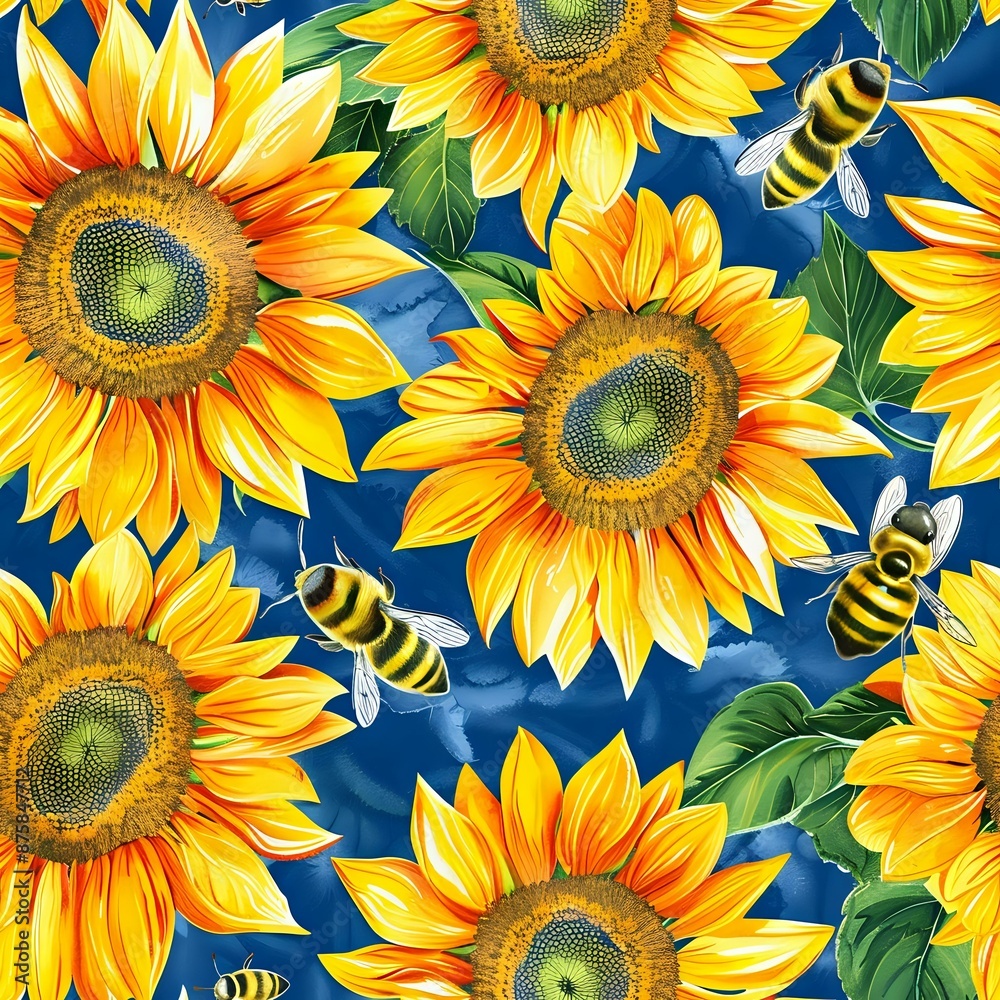 Contemporary Sunflower Grid Pattern with Green Leaves and Yellow Accents