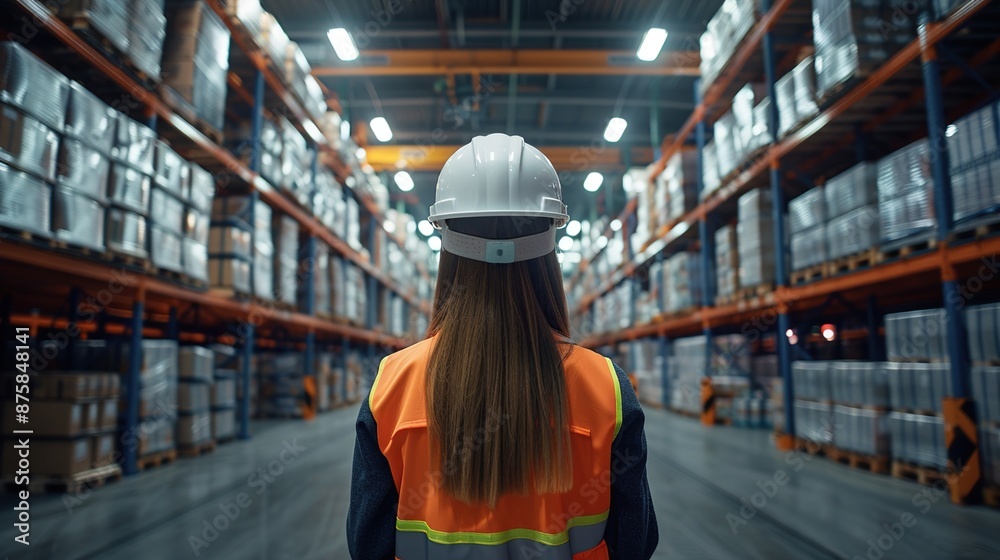 Woman in Hard Hat Walks Through a Warehouse Woman in Hard Hat Walks Through a Warehouse