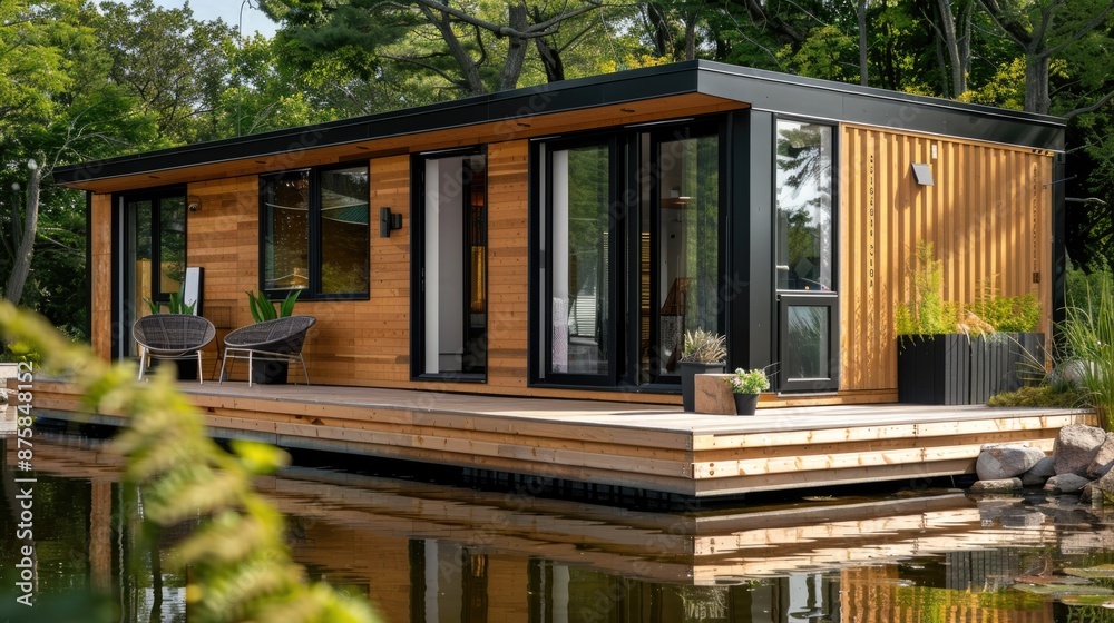 Fototapeta premium Modern shipping container house home, tiny house near lake in sunny day. Shipping container houses is sustainable, eco-friendly living accommodation or holiday home