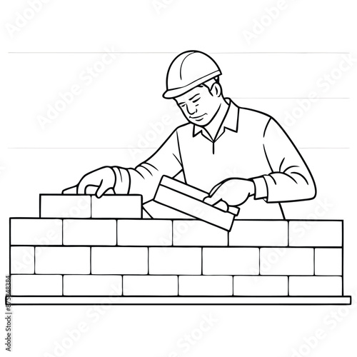 a mason building a wall with bricks in a line art style for a vector illustration