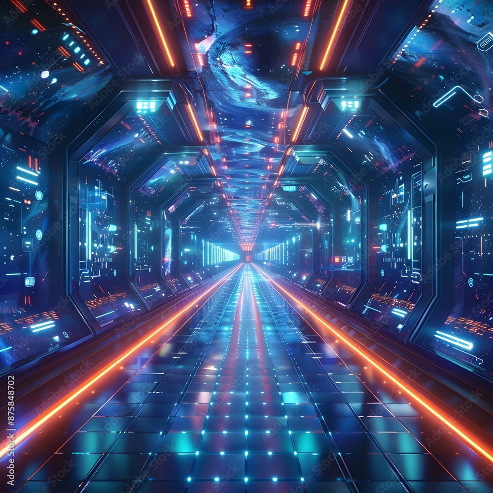 Fototapeta premium Futuristic spaceship interior with glowing lights and control panels