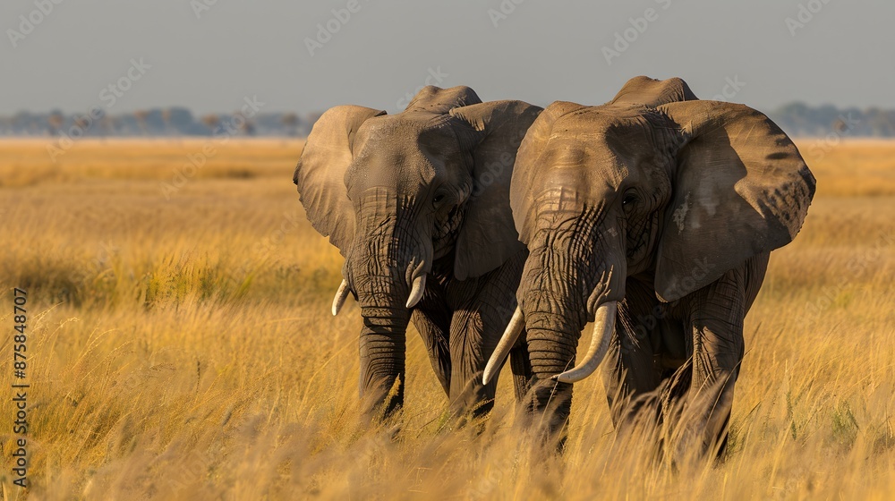 Obraz premium Two elephants walking through the tall grass in the African savanna