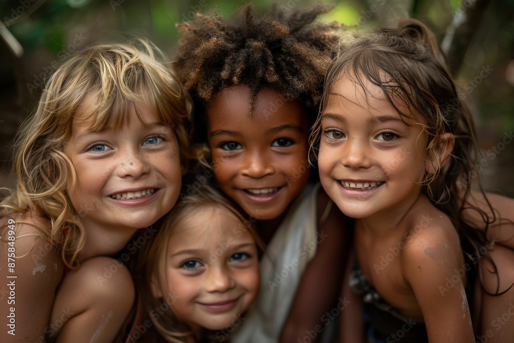 Joyful Group of Diverse Children Smiling and Embracing Outdoors in Natural Setting Joyful Group of Diverse Children Smiling and Embracing Outdoors in Natural Setting