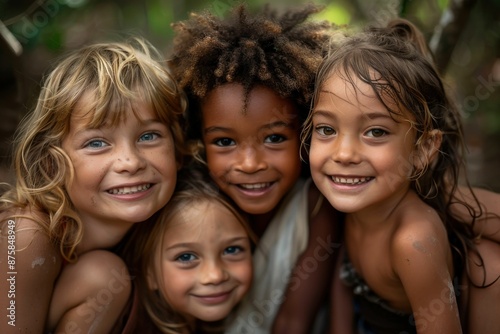 Joyful Group of Diverse Children Smiling and Embracing Outdoors in Natural Setting