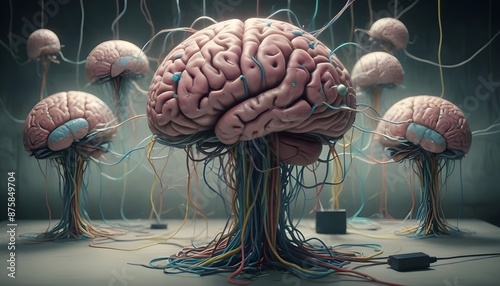 Realistic 3D Fusion of Human Brains and Computer Components and Devices with Electronic Wires photo