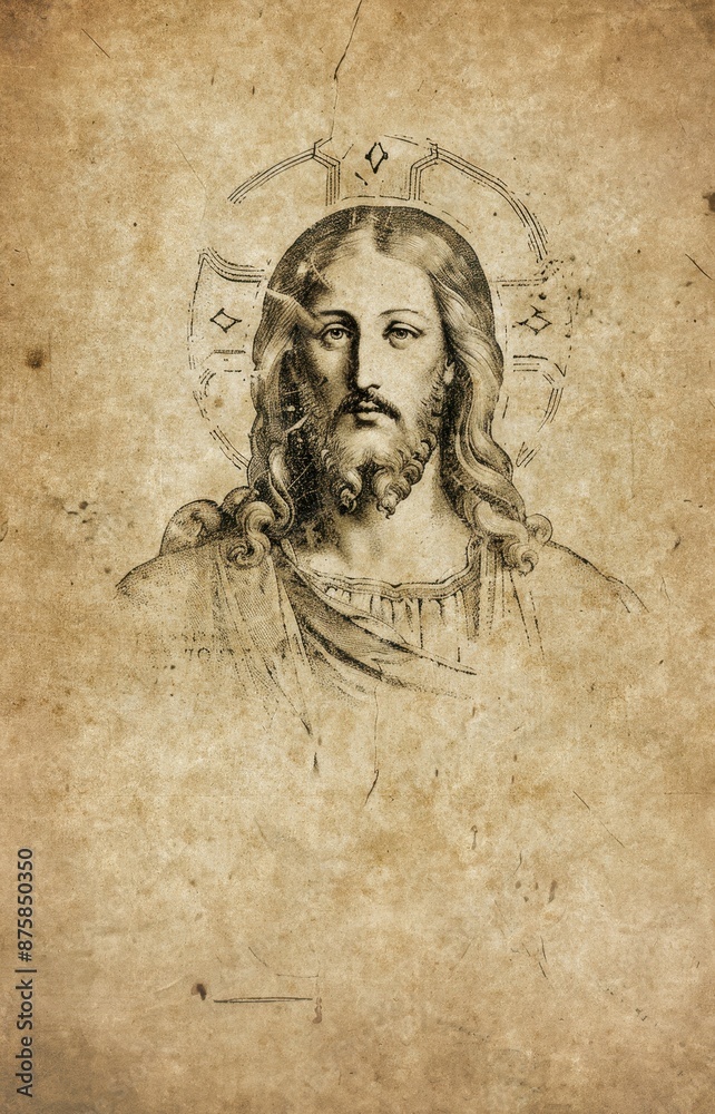 Obraz premium Jesus Christ: Medieval Style Artistic Etching or Engraving with Sacred Religious Iconography and Classic Renaissance Style