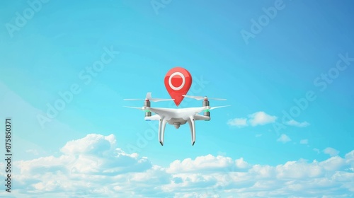 Drone with location pin in sky. White drone with red location pin flying in the sky.