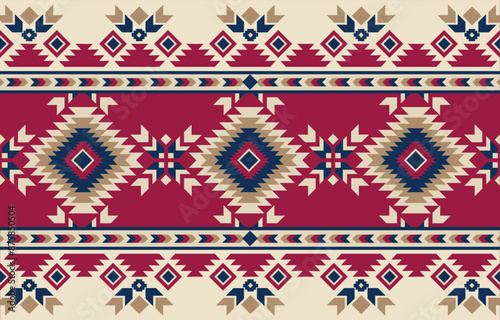 Ethnic tribal Aztec colorful red background. Seamless tribal pattern, folk embroidery, tradition geometric Aztec ornament. Tradition Native and Navaho design for fabric, textile, print, rug, paper