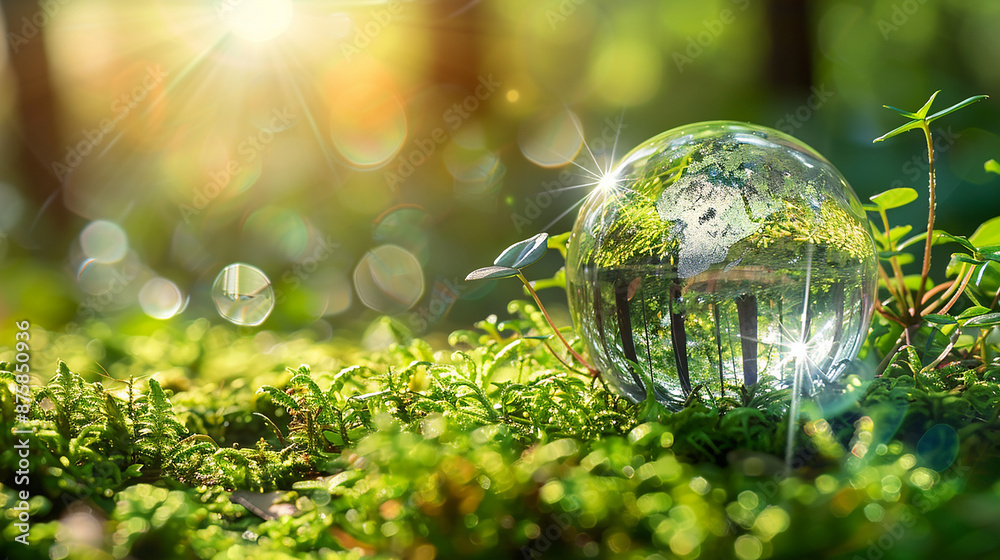 The glass globe is placed on the green moss in the forest, surrounded by small trees and sunlight shining through them. The background of grassland is blurred with light spots. There's an earth patter The glass globe is placed on the green moss in the forest, surrounded by small trees and sunlight shining through them. The background of grassland is blurred with light spots. There's an earth patter