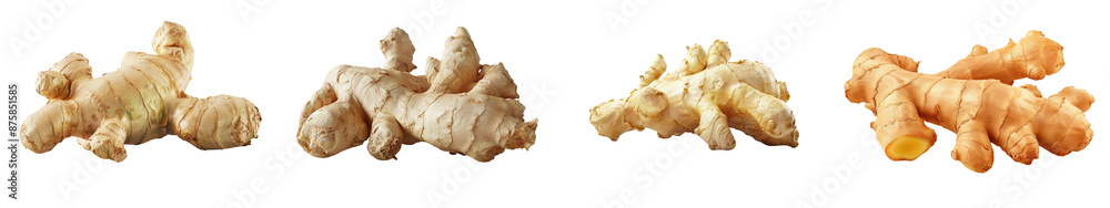 Close-up of fresh ginger root in various sizes arranged on a white background, highlighting their texture and natural color. transparent background Close-up of fresh ginger root in various sizes arranged on a white background, highlighting their texture and natural color. transparent background