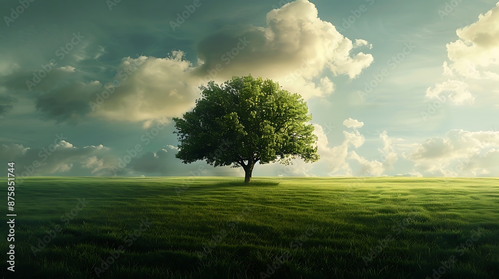 A single tree under a striking sky in the center of a lush green field very detailed and realistic shape A single tree under a striking sky in the center of a lush green field very detailed and realistic shape