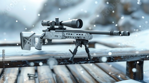 A sniper gun lying on wooden table in snow weather very detailed and realistic shape