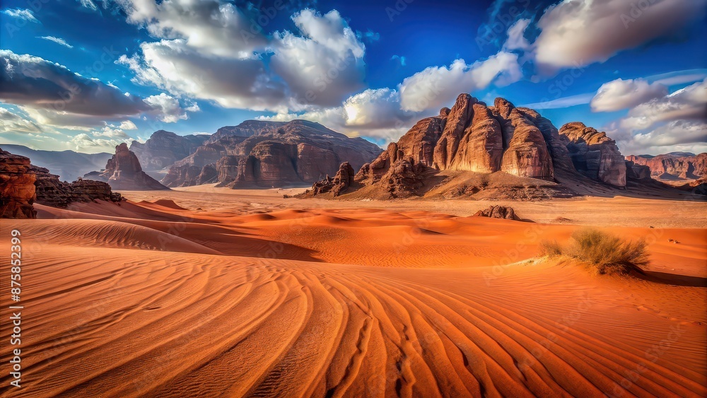 Naklejka premium Vast expanse of red sand desert in Wadi Rum, Jordan, Wadi Rum, desert, sand, dunes, arid, landscape, cliffs, mountains