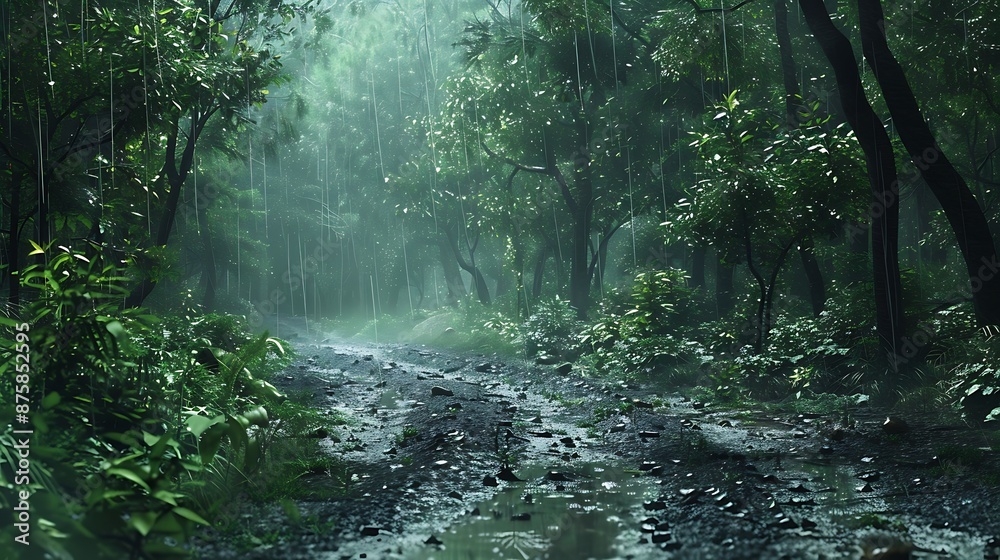 A straight path in the deep forest in rainy weather very detailed and realistic shape A straight path in the deep forest in rainy weather very detailed and realistic shape