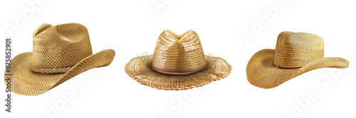 Collection of three straw cowboy hats isolated on white background. Perfect for adding a western touch to your projects or designs. transparent background