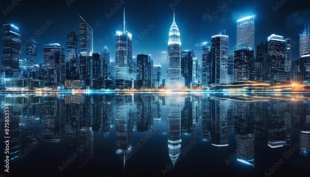 Naklejka premium digital city building city landscape exposure double background ai transformation ai night technology background abstract concept business city landscape cityscape city smart