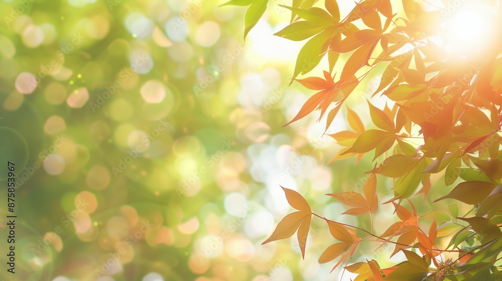 Fototapeta premium Seasonal atmosphere bright green maple leaves light with particles ideal spring designs summer theme during party events