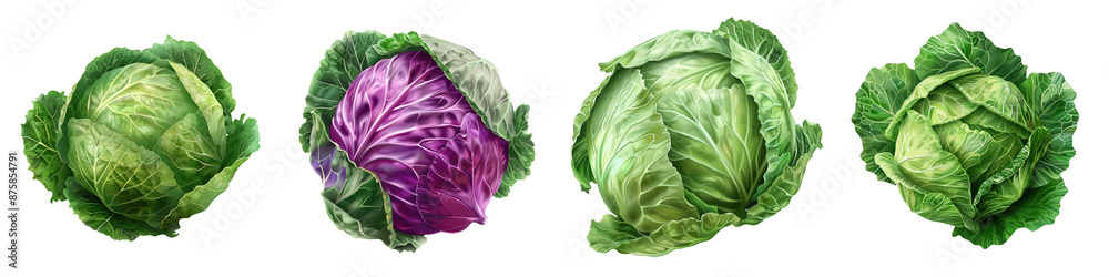 Fototapeta premium Four fresh cabbages, including a purple one, isolated on a white background, showcasing different varieties and colors. transparent background