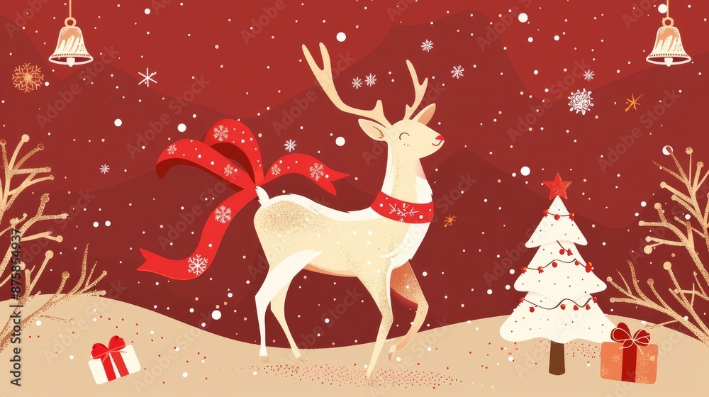 Holiday themed design with red ribbon white deer tree and bells Holiday themed design with red ribbon white deer tree and bells