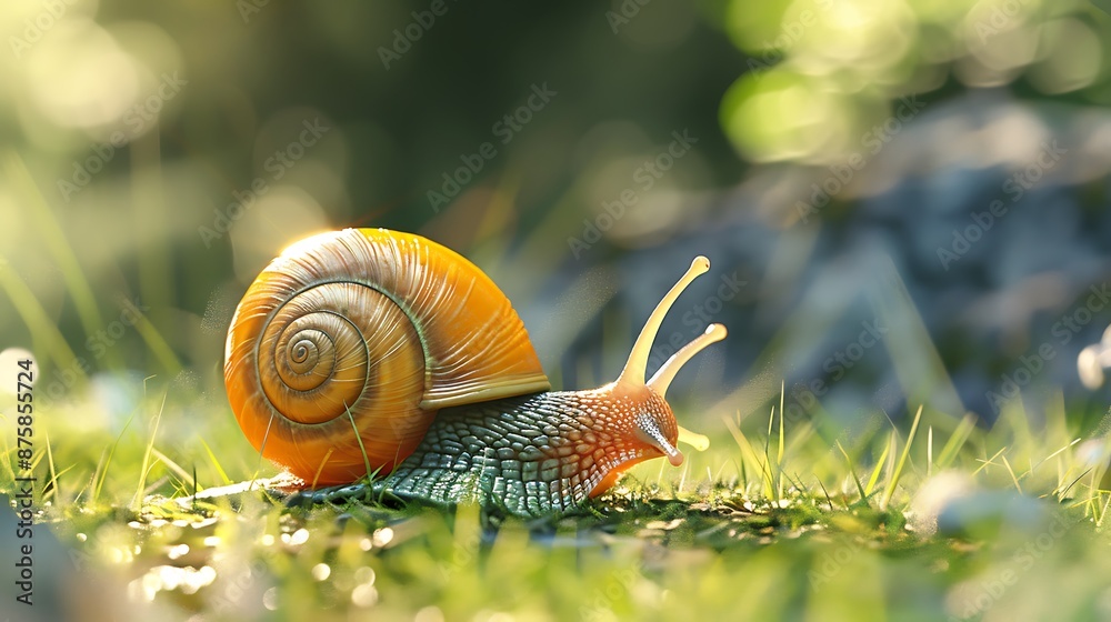 A vivid orange shelled snail crawls across fresh grass under the sun very detailed and realistic shape A vivid orange shelled snail crawls across fresh grass under the sun very detailed and realistic shape
