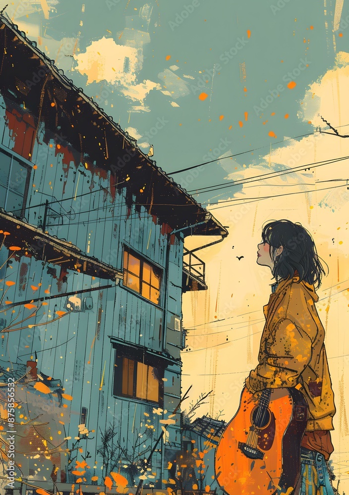 Fototapeta premium girl playing guitar in front of a blue house