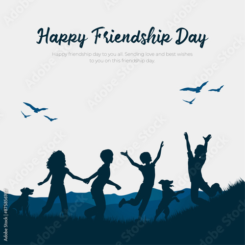 Happy Friendship Day creative ads design. kids and dog playing, love illustration poster, vector concept illustration. Important day on July 30
