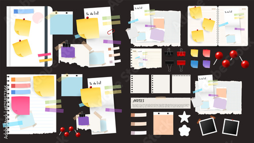 Colorful Sticky Notes and Labels Collection with pin and post it, on black background, Notepaper meeting reminder, Flat Modern design , illustration Vector EPS 10 