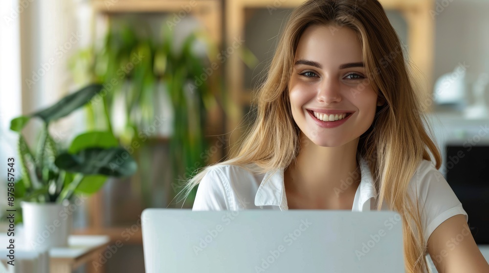Young smiling confident happy successful employee IT businessman wears white shirt casual clothes hold use work on laptop pc computer surfing internet sit at office desk - generative ai Young smiling confident happy successful employee IT businessman wears white shirt casual clothes hold use work on laptop pc computer surfing internet sit at office desk - generative ai