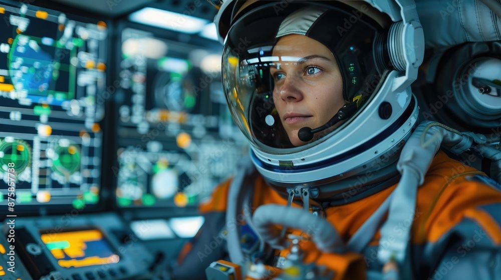 Astronaut in space suit operating controls inside spacecraft cockpit, surrounded by screens, gauges, and advanced technology.