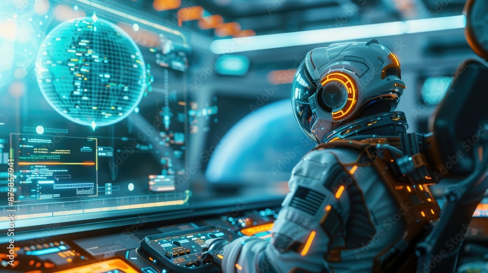 Futuristic astronaut in advanced space station operating digital interface, exploring universe with high-tech equipment and holographic displays. Futuristic astronaut in advanced space station operating digital interface, exploring universe with high-tech equipment and holographic displays.