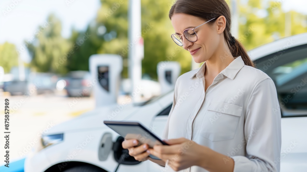woman holding smartphone while charging car at electric vehicle charging station. woman holding smartphone while charging car at electric vehicle charging station.