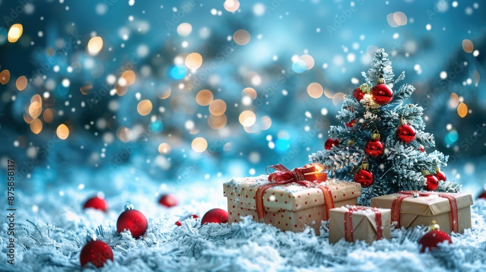 Festive Christmas Scene with Decorated Tree, Snow, and Wrapped Gifts in a Winter Wonderland Setting Festive Christmas Scene with Decorated Tree, Snow, and Wrapped Gifts in a Winter Wonderland Setting