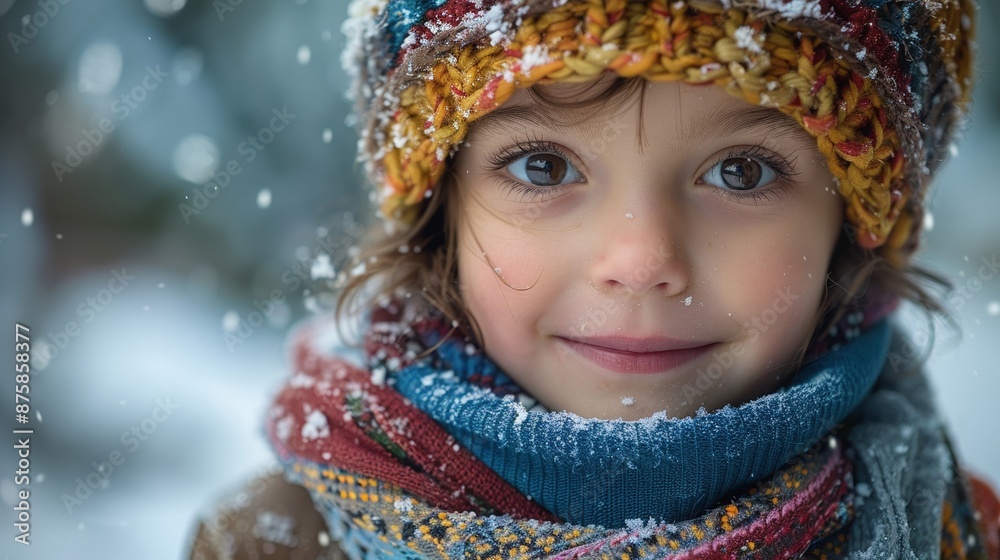 Charming Child in Colorful Winter Attire Smiling Amidst Falling Snowflakes in a Winter Wonderland Charming Child in Colorful Winter Attire Smiling Amidst Falling Snowflakes in a Winter Wonderland
