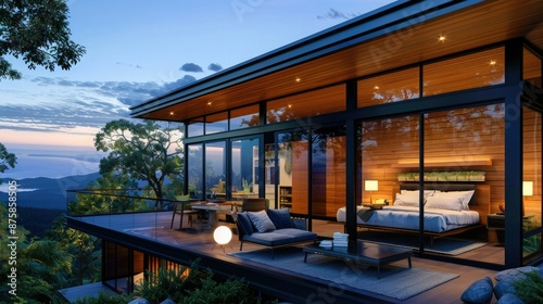 Modern luxury house with glass walls  stunning mountain views  and elegant interior design at twilight  surrounded by lush nature.