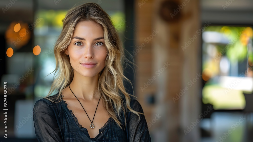 Confident American woman real estate agent stands proudly outside a modern home, radiating expertise and approachability, ready to assist potential house buyers Confident American woman real estate agent stands proudly outside a modern home, radiating expertise and approachability, ready to assist potential house buyers
