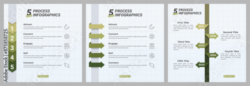 Arrow Timeline Infographics Bundle/Set with 5 Steps and Editable Text on a 1:1 ratio layout for Presentation, Booklet, and Social Media Feeds.