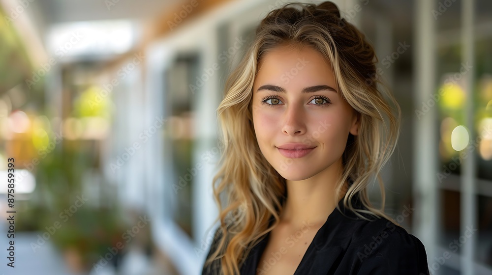 Confident American woman real estate agent stands proudly outside a modern home, radiating expertise and approachability, ready to assist potential house buyers Confident American woman real estate agent stands proudly outside a modern home, radiating expertise and approachability, ready to assist potential house buyers